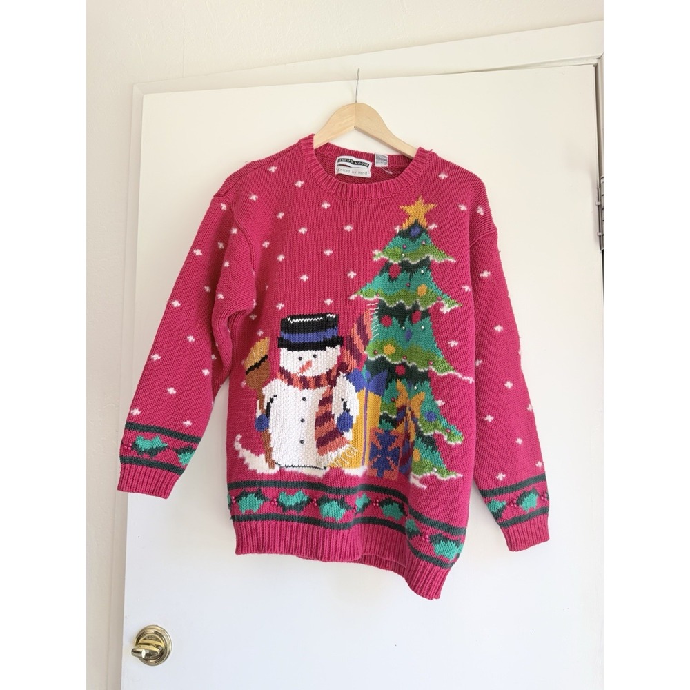 Women's Jennifer Moore Hand Knitted Christmas Sweater L Holiday Snowman Ugly
